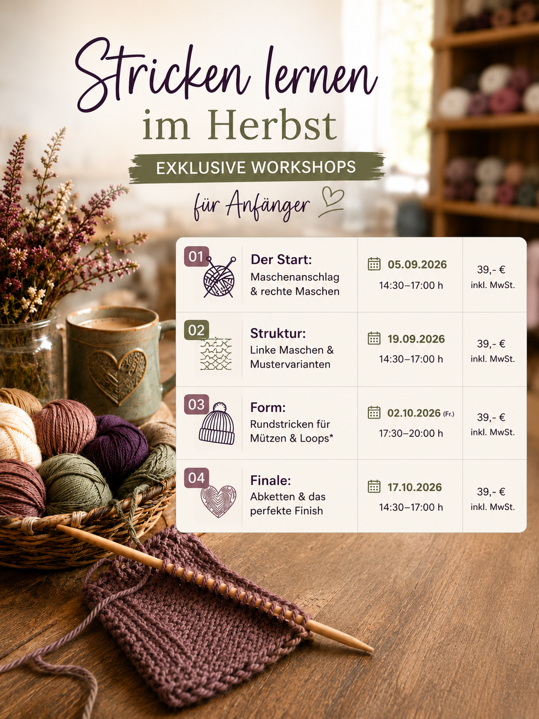 Strickkurse für Anfänger – Modulprogramm Herbst 2026